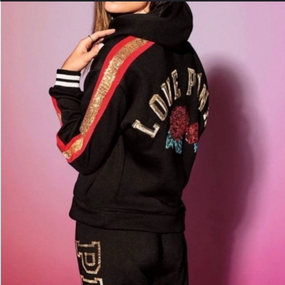 Love Pink Victoria’s Secret Sequin Bling Hoodie RARE roses  Y2k XS  Gorgeous